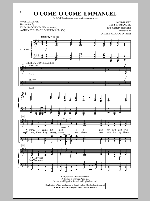 Download Traditional Carol O Come, O Come, Emmanuel (arr. Joseph M. Martin) Sheet Music and learn how to play SATB PDF digital score in minutes