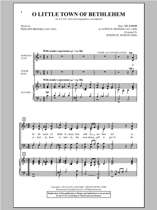 Download Traditional Carol O Little Town Of Bethlehem (arr. Joseph M. Martin) Sheet Music and learn how to play SATB PDF digital score in minutes