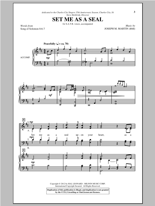 Download Joseph Martin Set Me As A Seal Sheet Music and learn how to play SATB PDF digital score in minutes