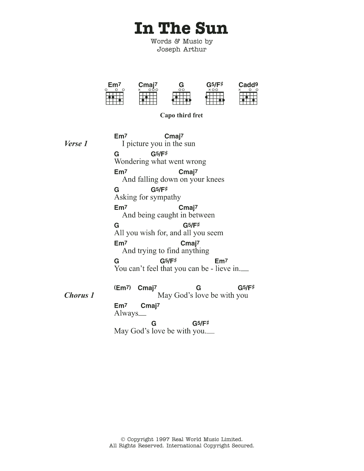 Download Joseph Arthur In The Sun Sheet Music and learn how to play Lyrics & Chords PDF digital score in minutes