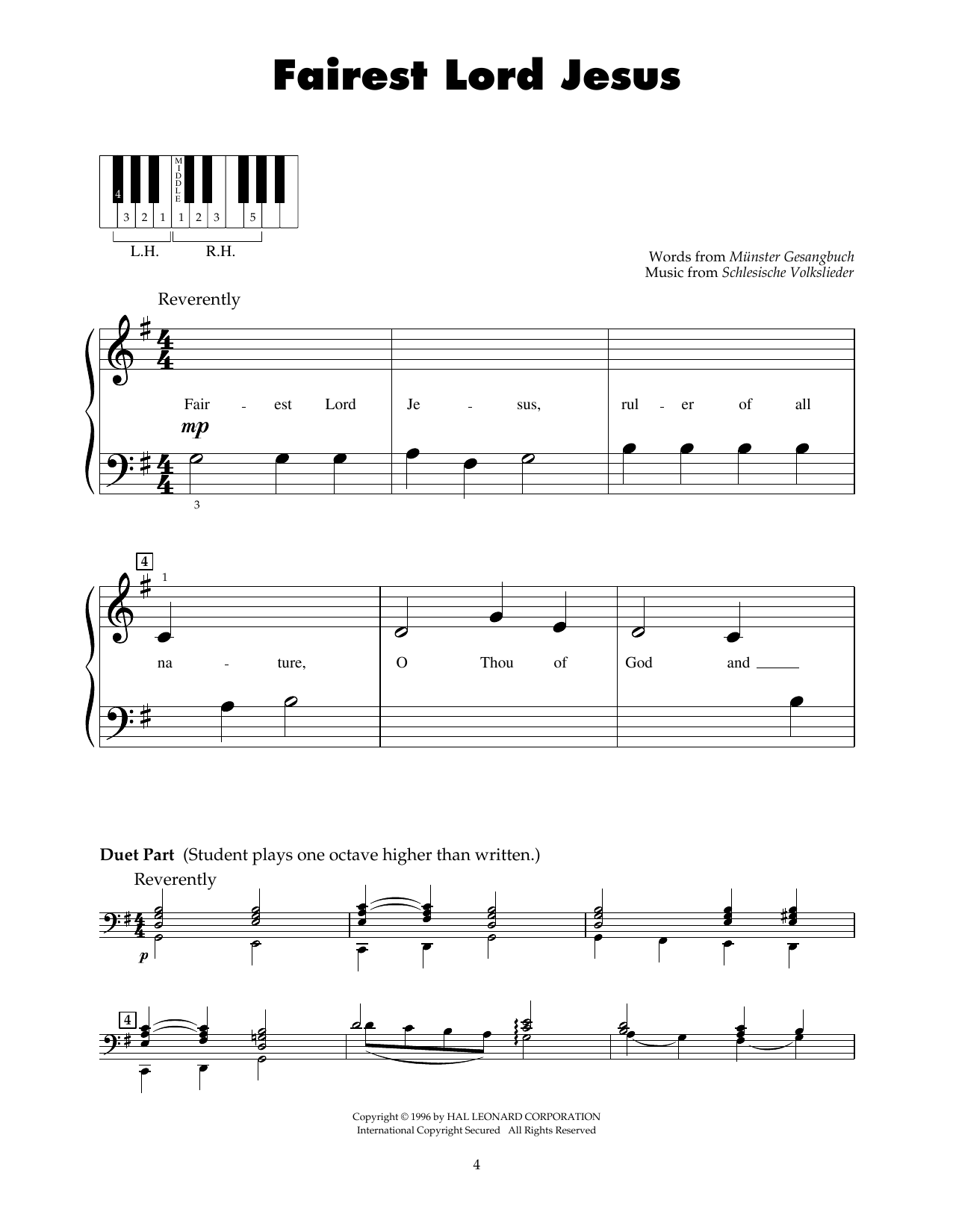 Download Joseph August Seiss Fairest Lord Jesus Sheet Music and learn how to play 5-Finger Piano PDF digital score in minutes