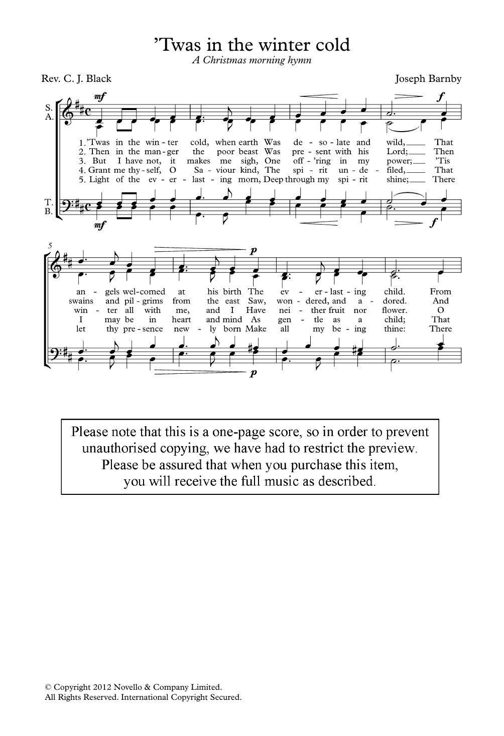 Download Joseph Barnby 'Twas In The Winter Cold Sheet Music and learn how to play SATB Choir PDF digital score in minutes