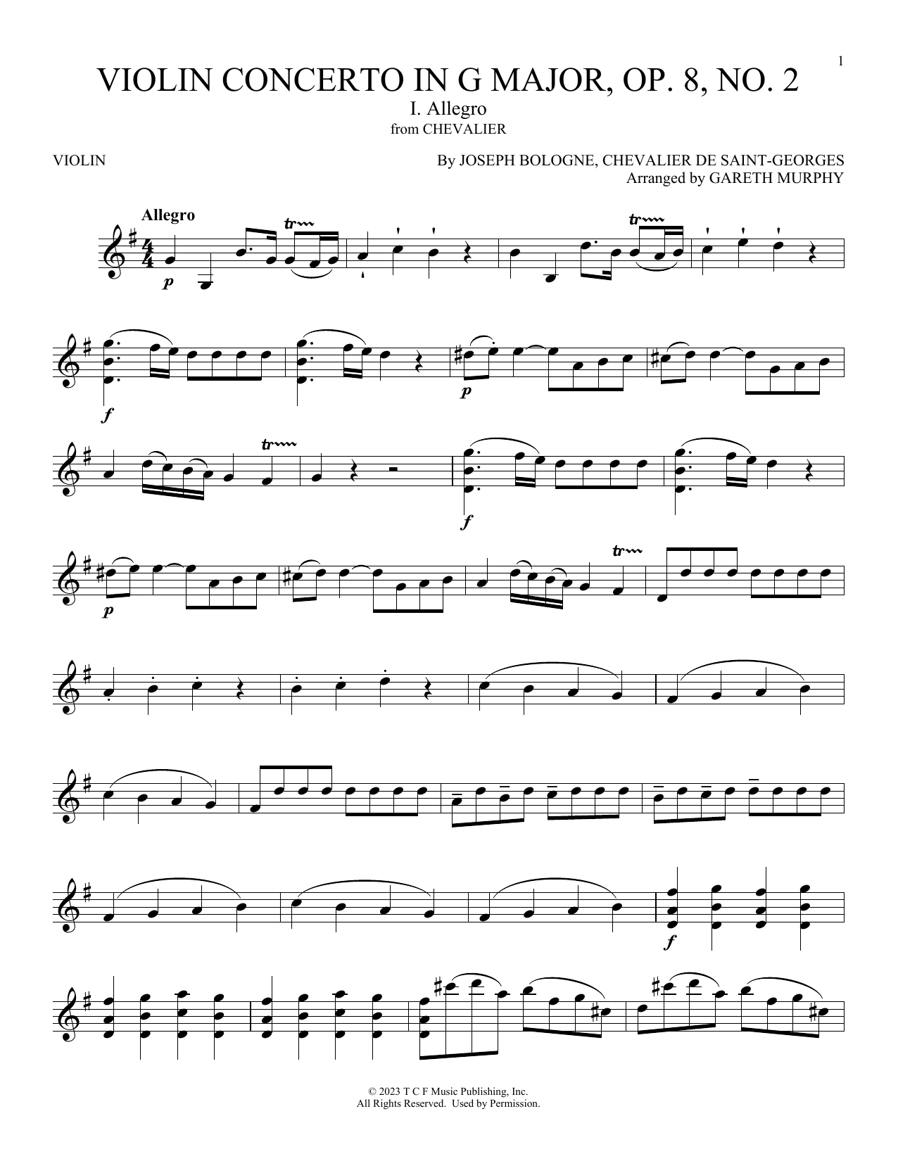 Download Joseph Bologne (Chevalier de Saint-Georges) Violin Concerto In G Major, Op. 8 No. 2: 1: Allegro (from Chevalier) Sheet Music and learn how to play Violin Solo PDF digital score in minutes