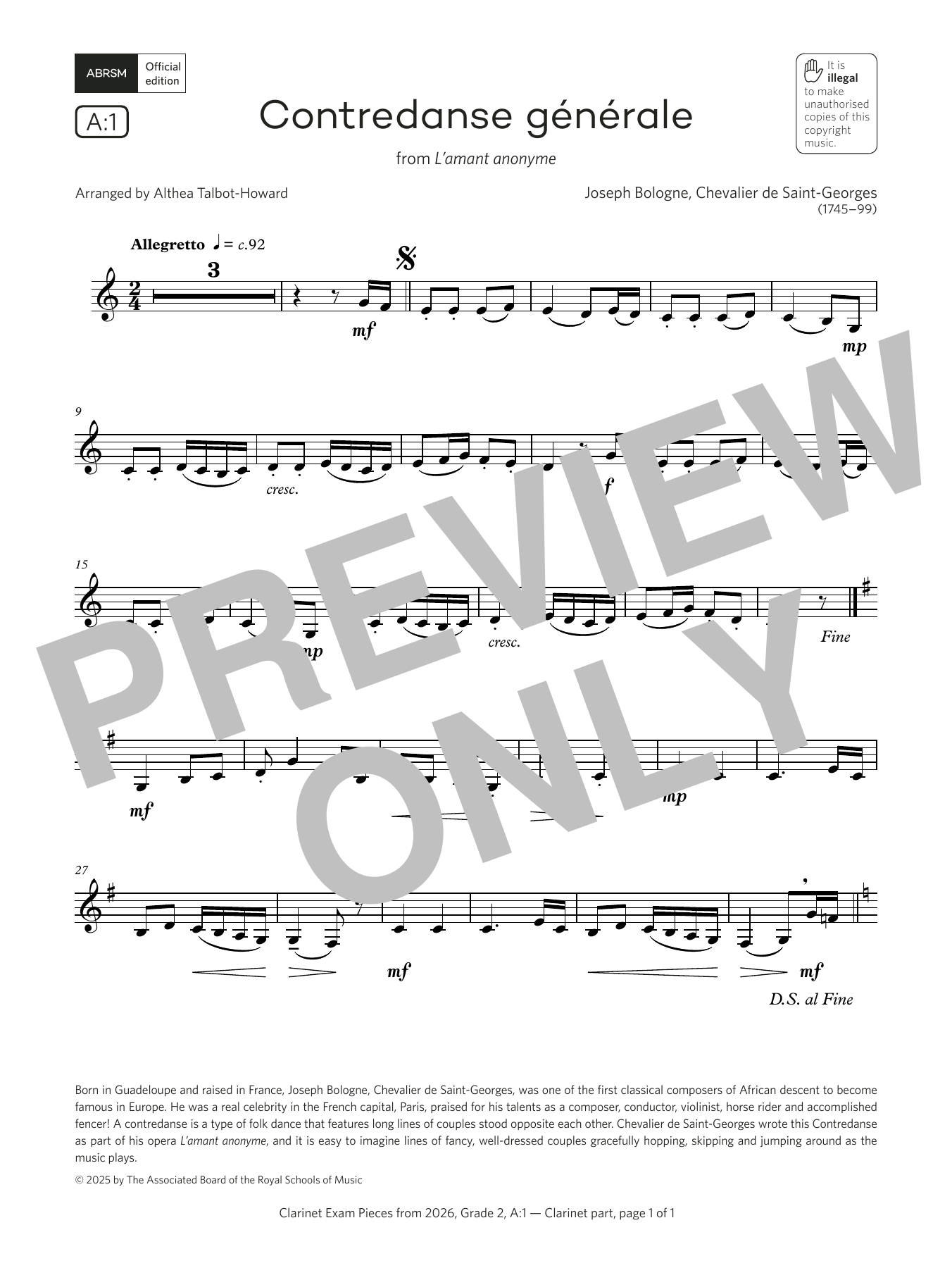 Download Joseph Bologne Contredanse générale (Grade 2, list A1, from the ABRSM Clarinet Syllabus from Sheet Music and learn how to play Clarinet Solo PDF digital score in minutes