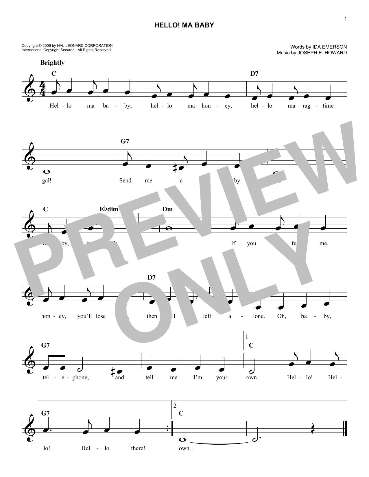 Download Joseph E. Howard Hello! Ma Baby Sheet Music and learn how to play Melody Line, Lyrics & Chords PDF digital score in minutes