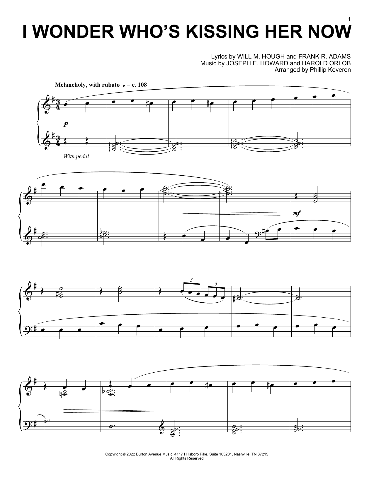 Download Joseph E. Howard I Wonder Who's Kissing Her Now (arr. Phillip Keveren) Sheet Music and learn how to play Piano Solo PDF digital score in minutes