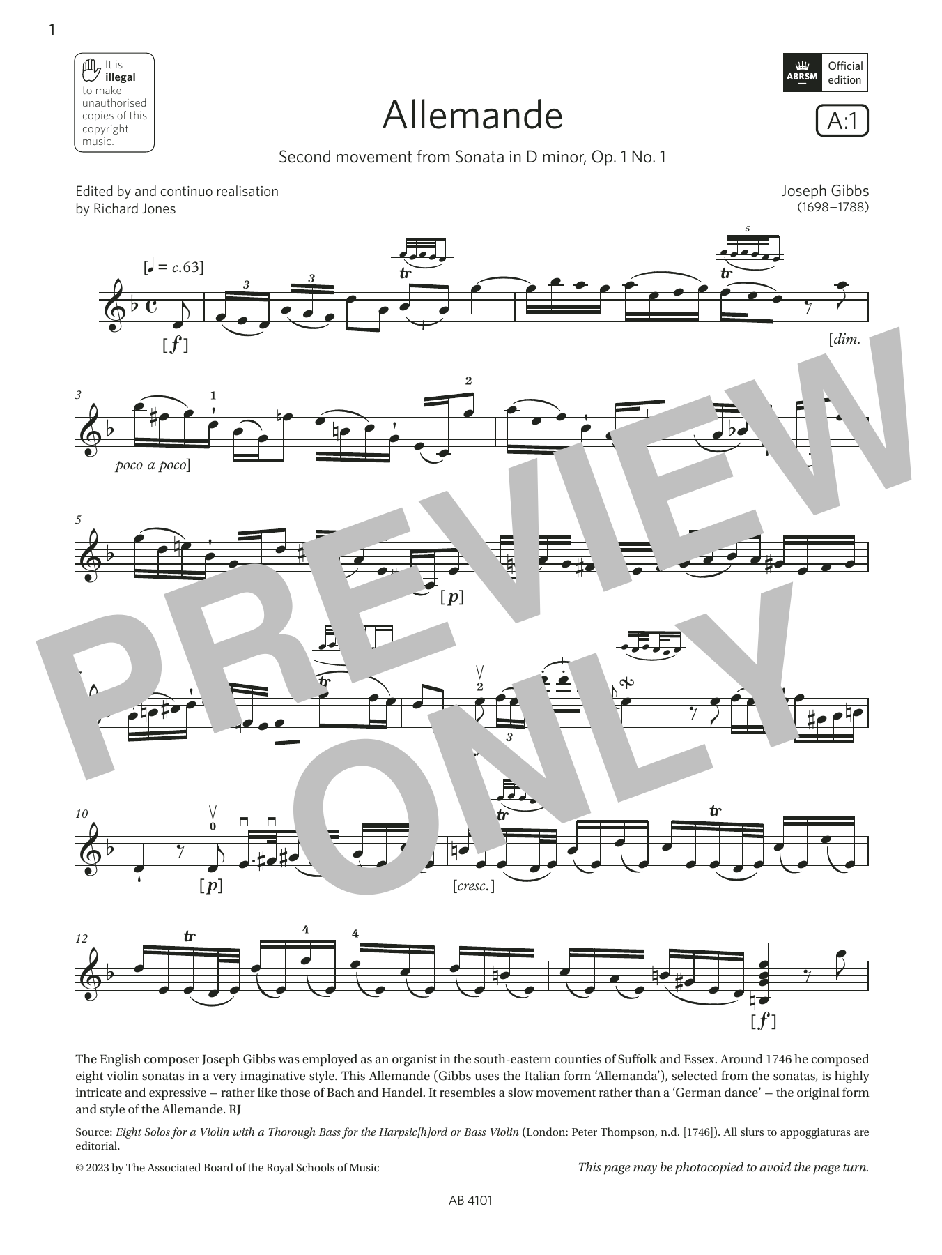 Download Joseph Gibbs Allemande (Grade 7, A1, from the ABRSM Violin Syllabus from 2024) Sheet Music and learn how to play Violin Solo PDF digital score in minutes