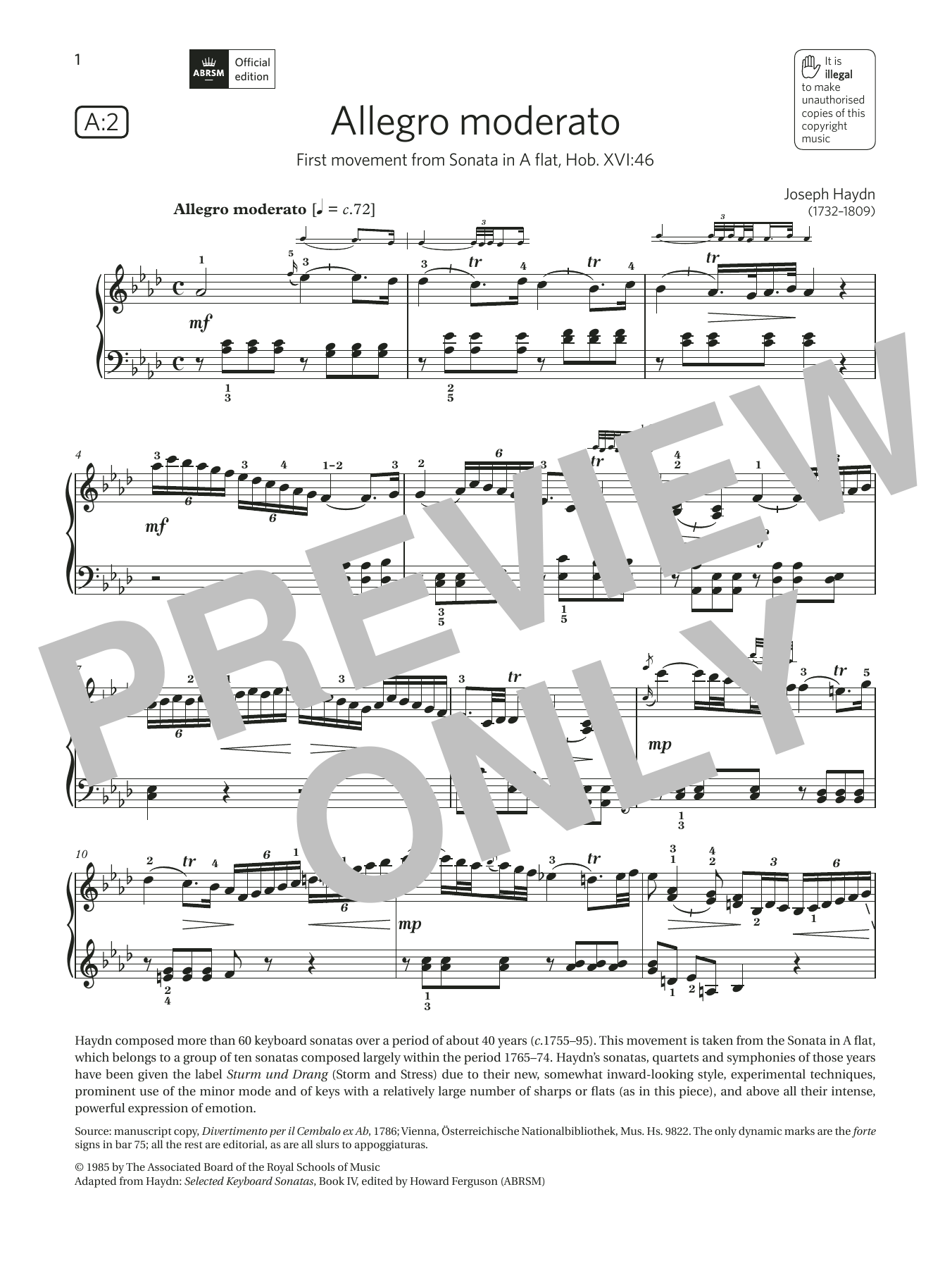 Download Joseph Haydn Allegro moderato (Grade 8, list A2, from the ABRSM Piano Syllabus 2021 & 2022) Sheet Music and learn how to play Piano Solo PDF digital score in minutes