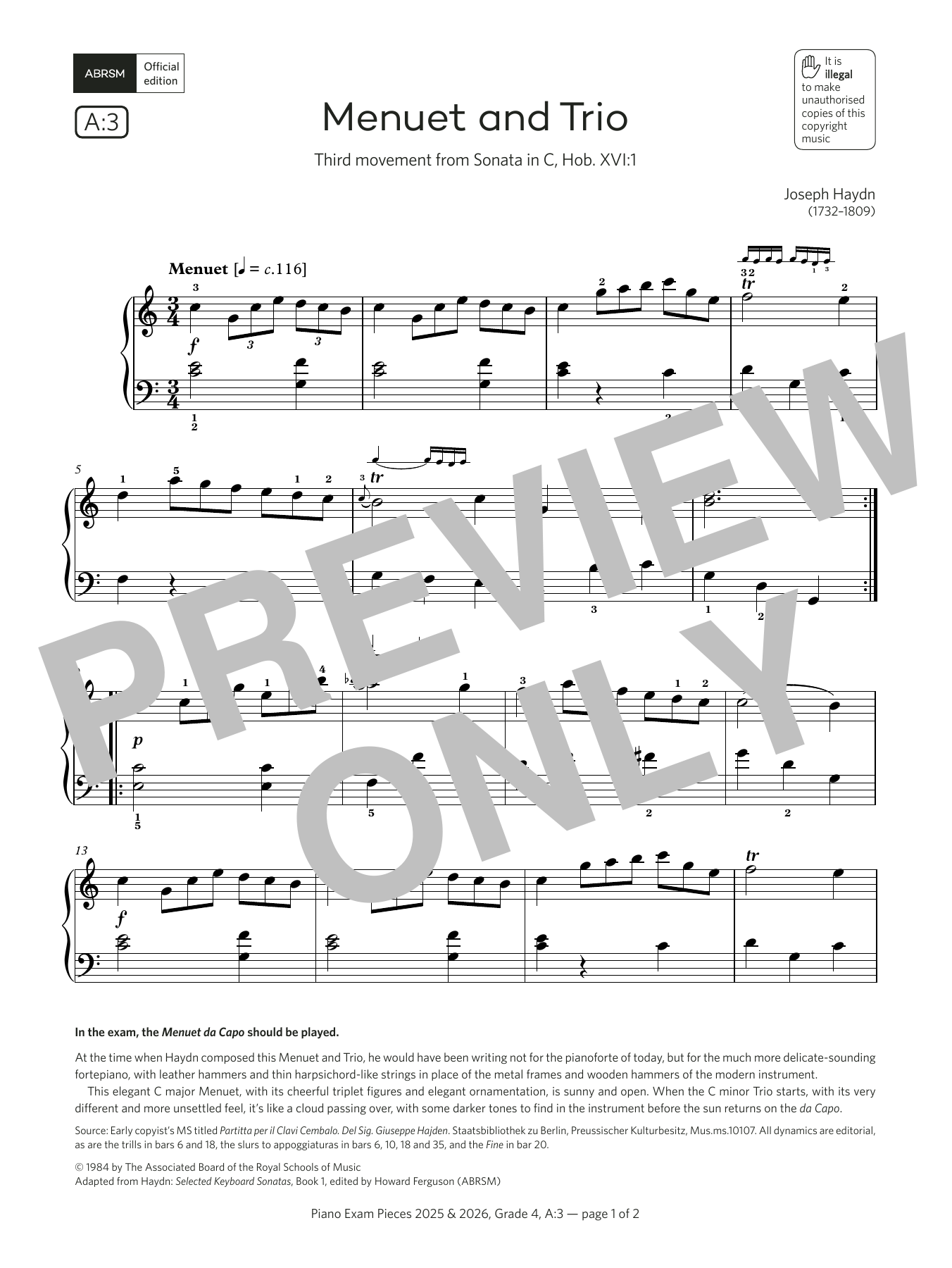 Download Joseph Haydn Menuet and Trio (Grade 4, list A3, from the ABRSM Piano Syllabus 2025 & 2026) Sheet Music and learn how to play Piano Solo PDF digital score in minutes