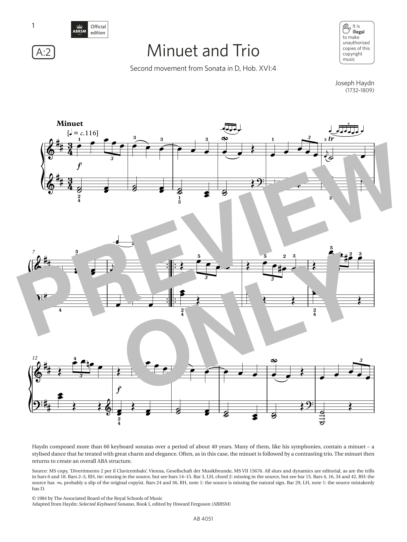 Download Joseph Haydn Minuet and Trio (Grade 5, list A2, from the ABRSM Piano Syllabus 2023 & 2024) Sheet Music and learn how to play Piano Solo PDF digital score in minutes