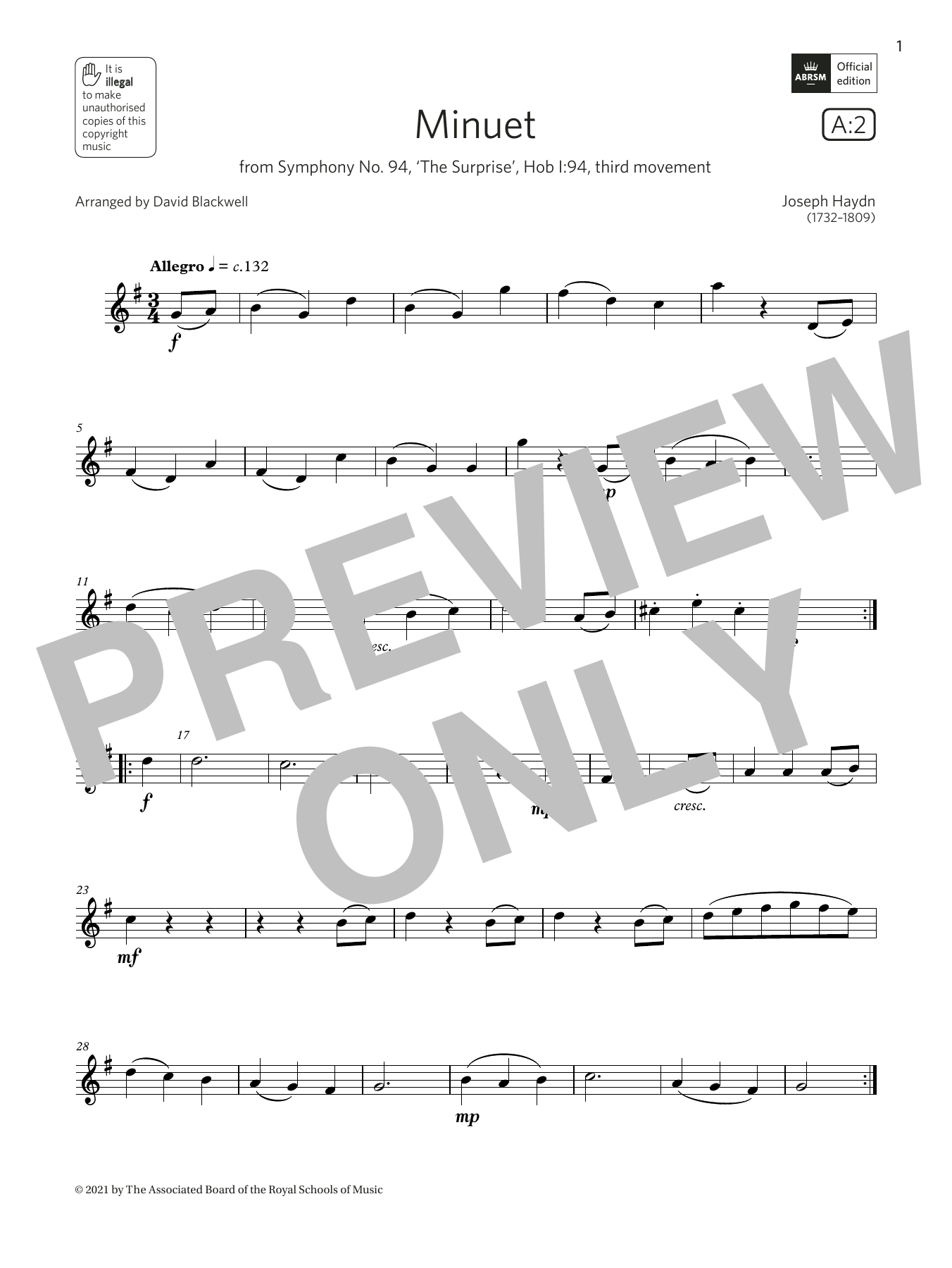 Download Joseph Haydn Minuet (from Symphony No. 94) (Grade 1 List A2 from the ABRSM Flute syllabus fr Sheet Music and learn how to play Flute Solo PDF digital score in minutes