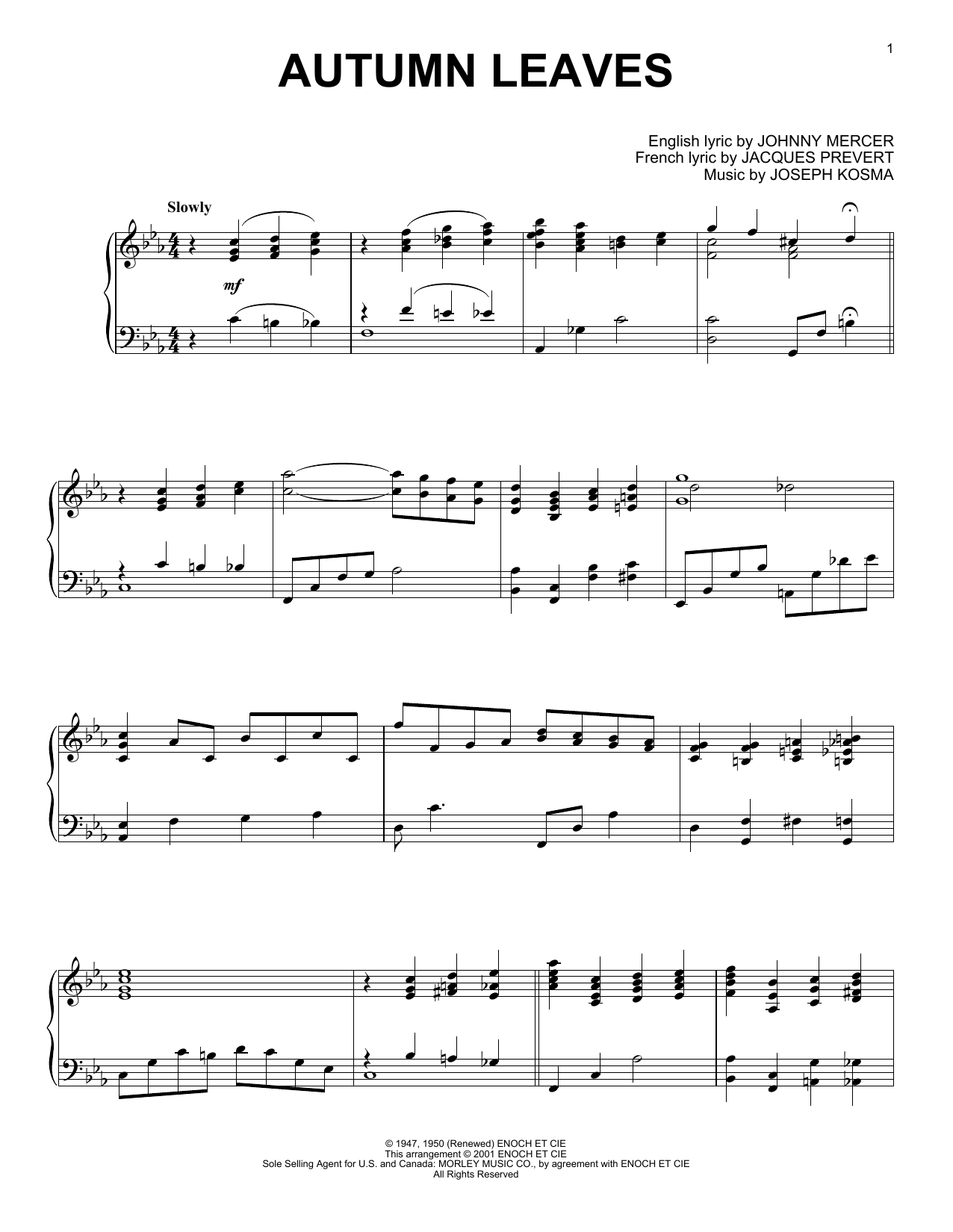 Download Joseph Kosma Autumn Leaves (arr. Al Lerner) Sheet Music and learn how to play Piano Solo PDF digital score in minutes