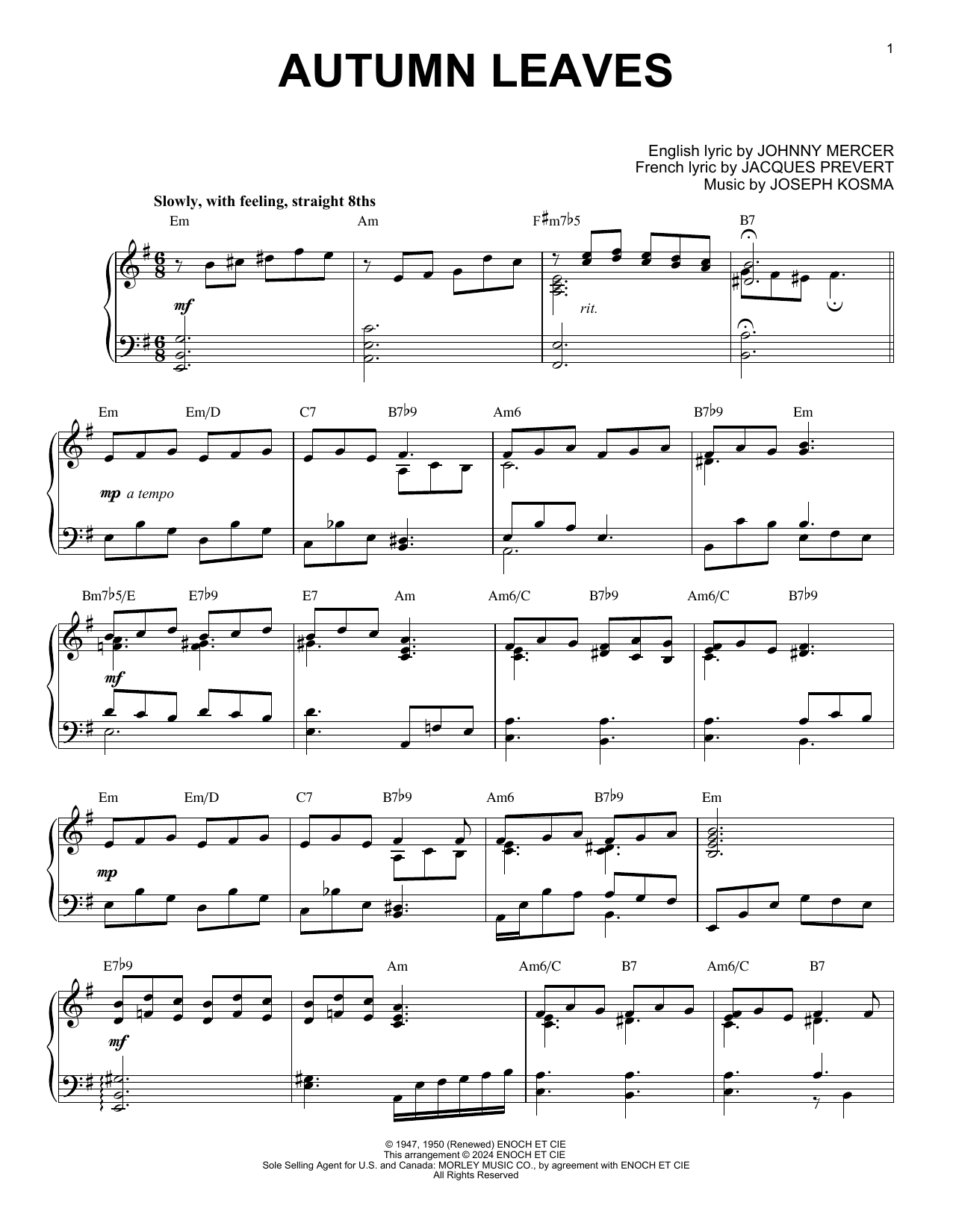 Download Joseph Kosma Autumn Leaves (arr. Brent Edstrom) Sheet Music and learn how to play Piano Solo PDF digital score in minutes