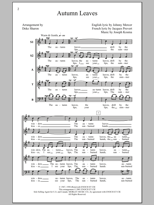 Download Deke Sharon Autumn Leaves Sheet Music and learn how to play SATB PDF digital score in minutes