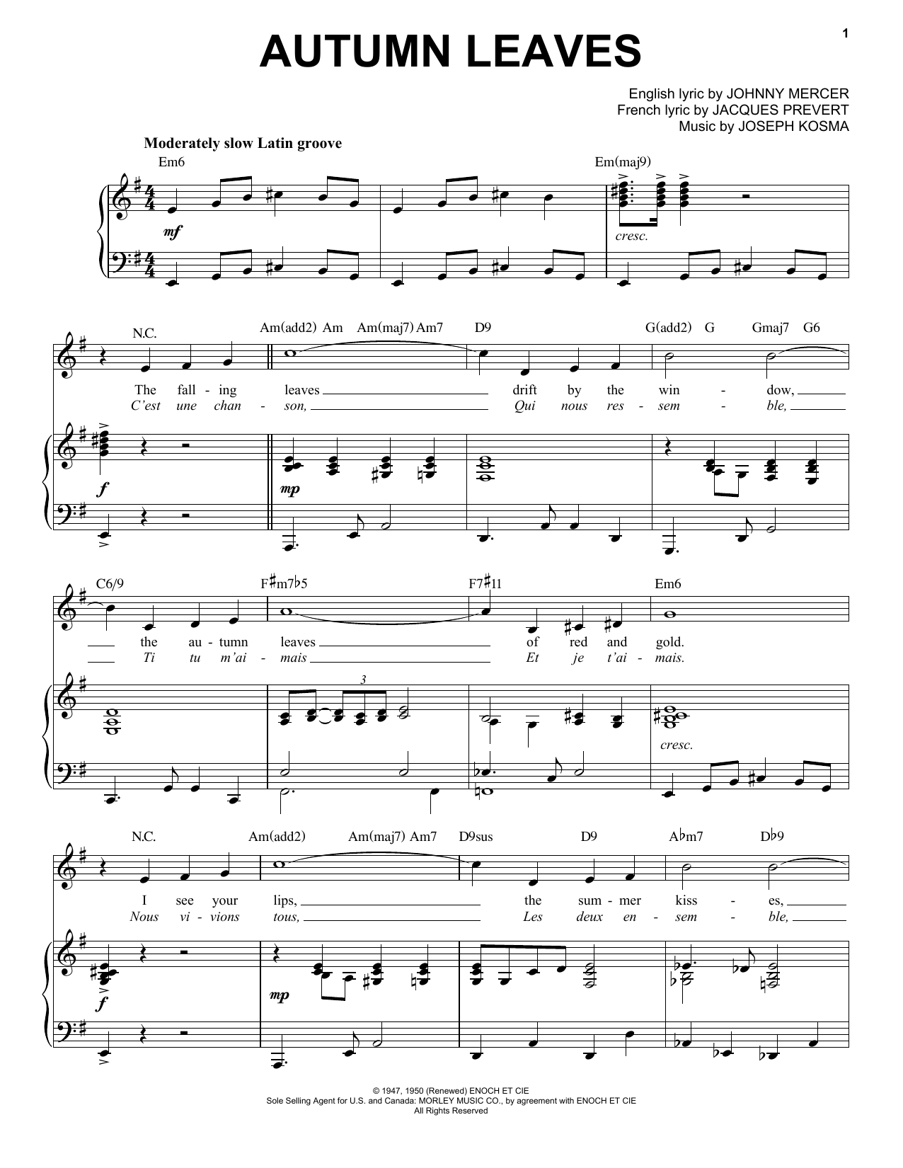 Download Joseph Kosma Autumn Leaves [Jazz version] (arr. Brent Edstrom) Sheet Music and learn how to play Piano & Vocal PDF digital score in minutes