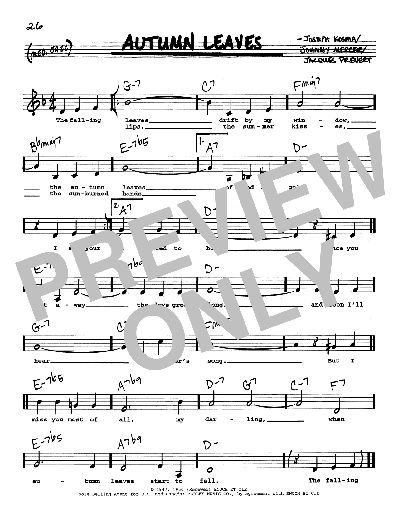 Download Joseph Kosma Autumn Leaves (Low Voice) Sheet Music and learn how to play Real Book – Melody, Lyrics & Chords PDF digital score in minutes