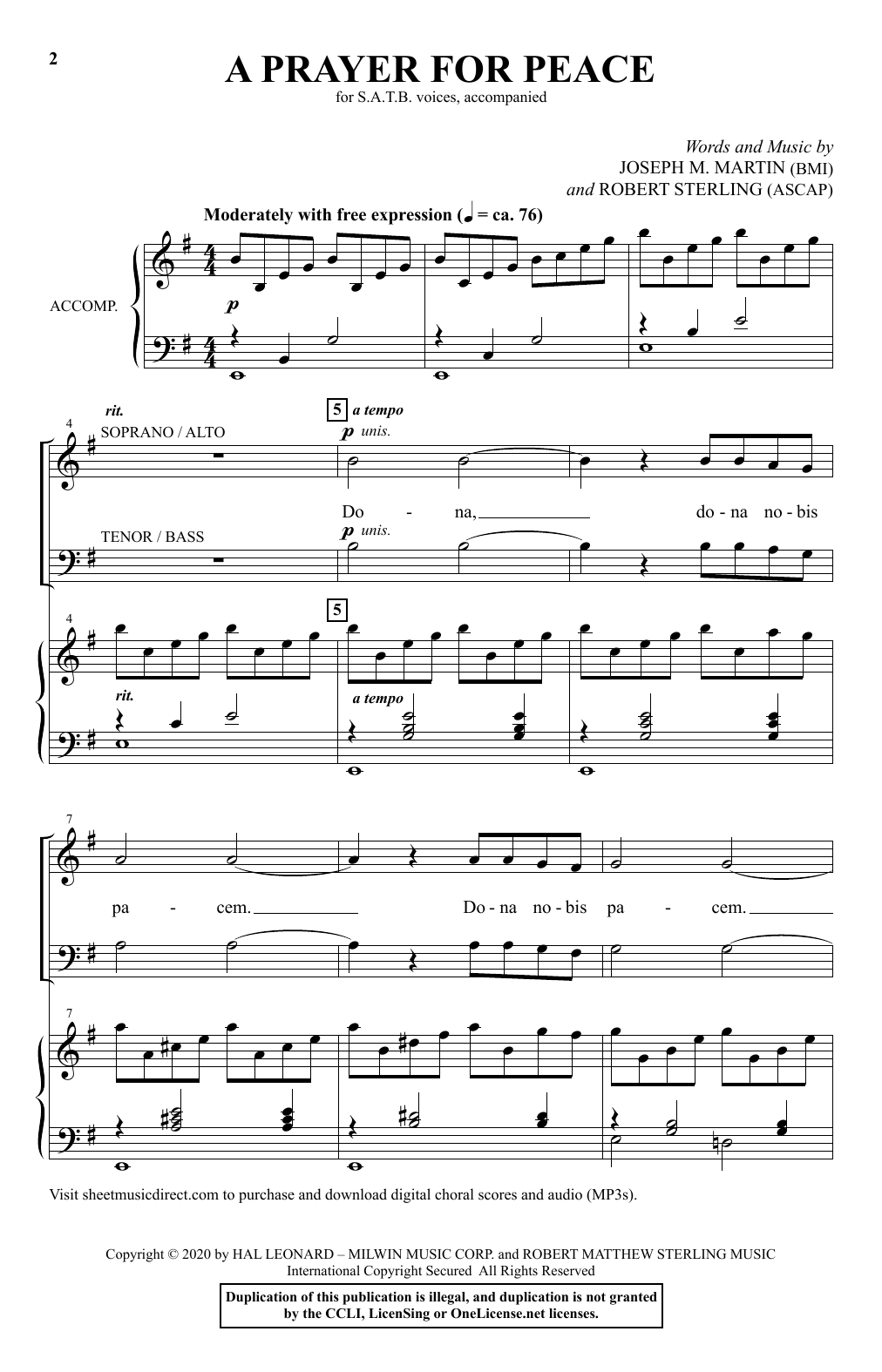 Download Joseph M. Martin & Robert Sterling A Prayer For Peace Sheet Music and learn how to play SATB Choir PDF digital score in minutes