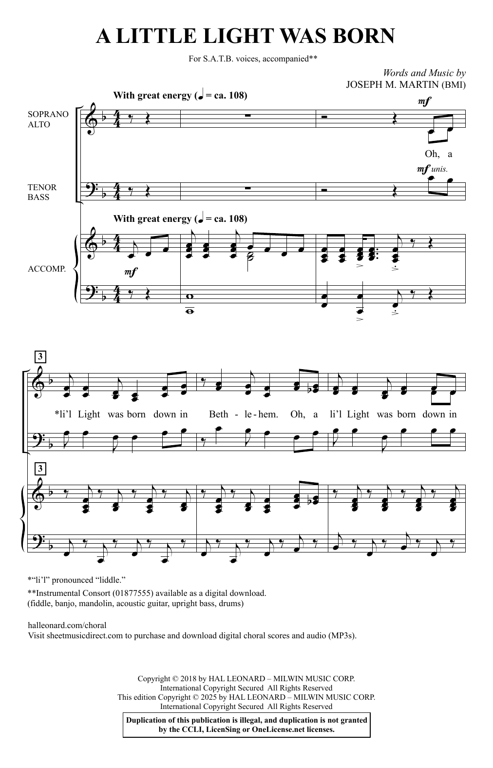 Download Joseph M. Martin A Little Light Was Born Sheet Music and learn how to play SATB Choir PDF digital score in minutes