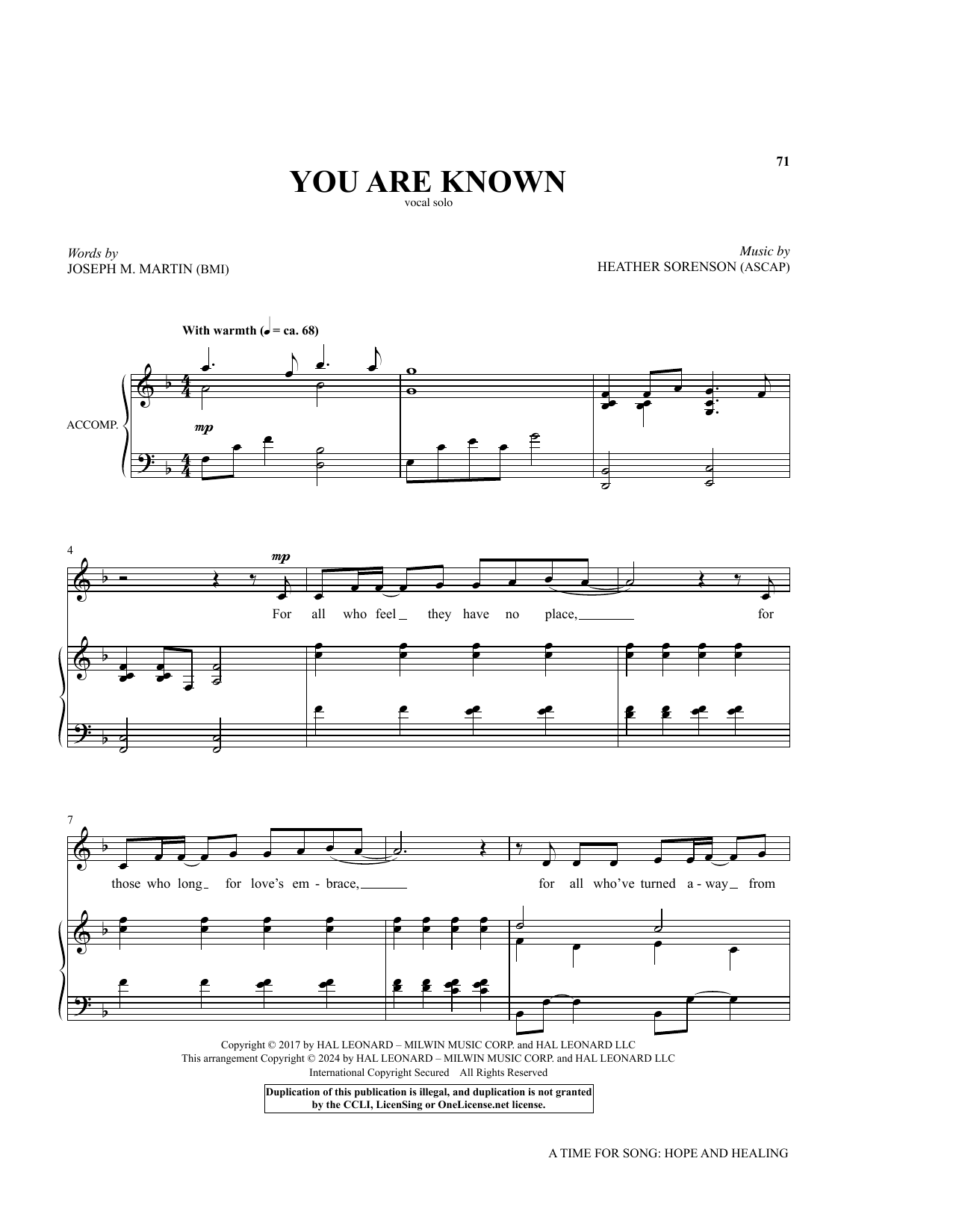 Download Joseph M. Martin and Heather Sorenson You Are Known Sheet Music and learn how to play Piano & Vocal PDF digital score in minutes