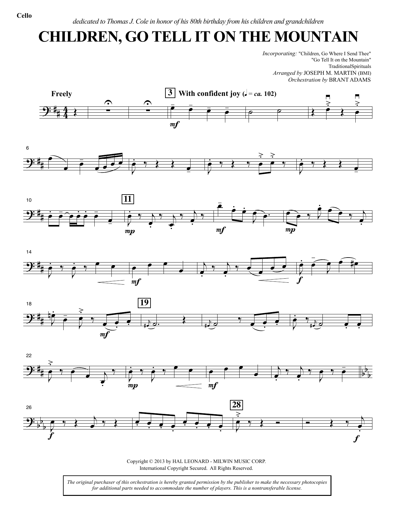 Download Joseph M. Martin Children, Go Tell It on the Mountain - Cello Sheet Music and learn how to play Choir Instrumental Pak PDF digital score in minutes