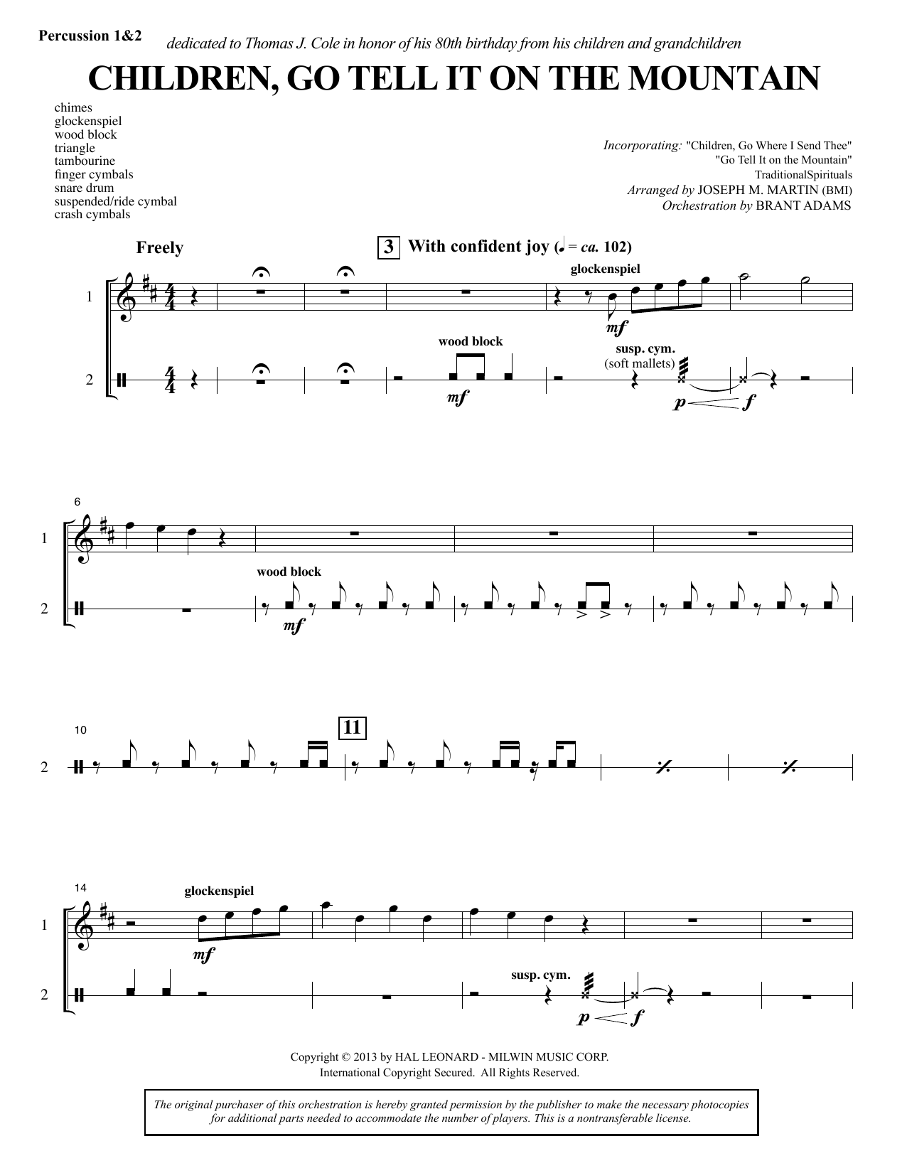 Download Joseph M. Martin Children, Go Tell It on the Mountain - Percussion 1 & 2 Sheet Music and learn how to play Choir Instrumental Pak PDF digital score in minutes
