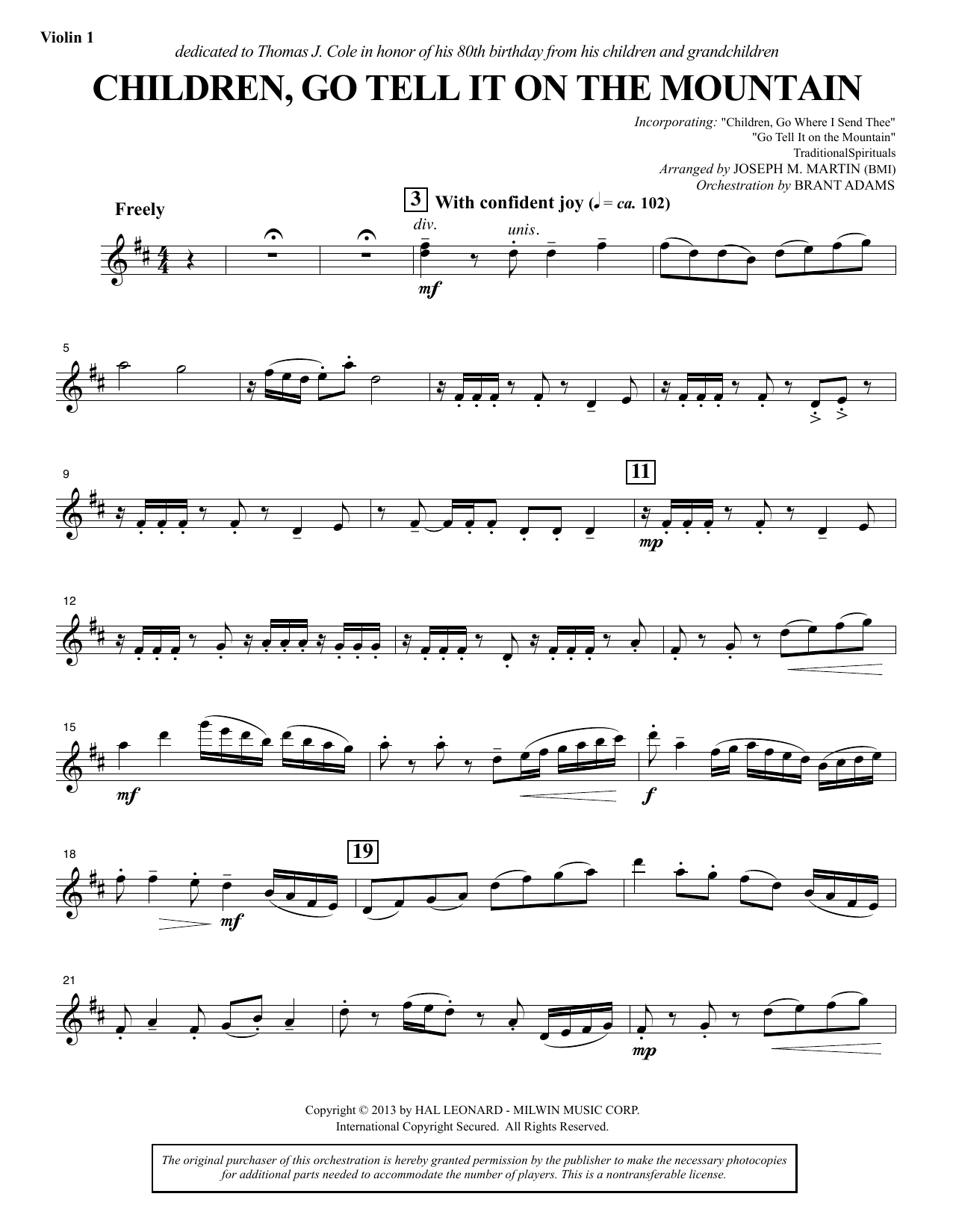 Download Joseph M. Martin Children, Go Tell It on the Mountain - Violin 1 Sheet Music and learn how to play Choir Instrumental Pak PDF digital score in minutes