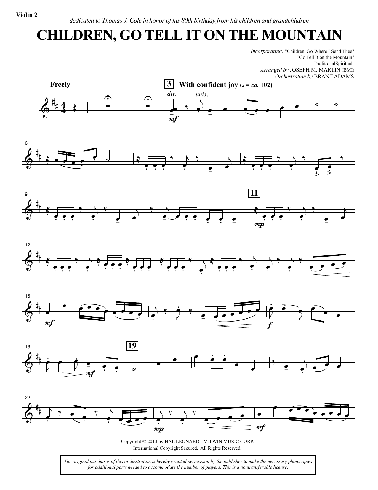 Download Joseph M. Martin Children, Go Tell It on the Mountain - Violin 2 Sheet Music and learn how to play Choir Instrumental Pak PDF digital score in minutes