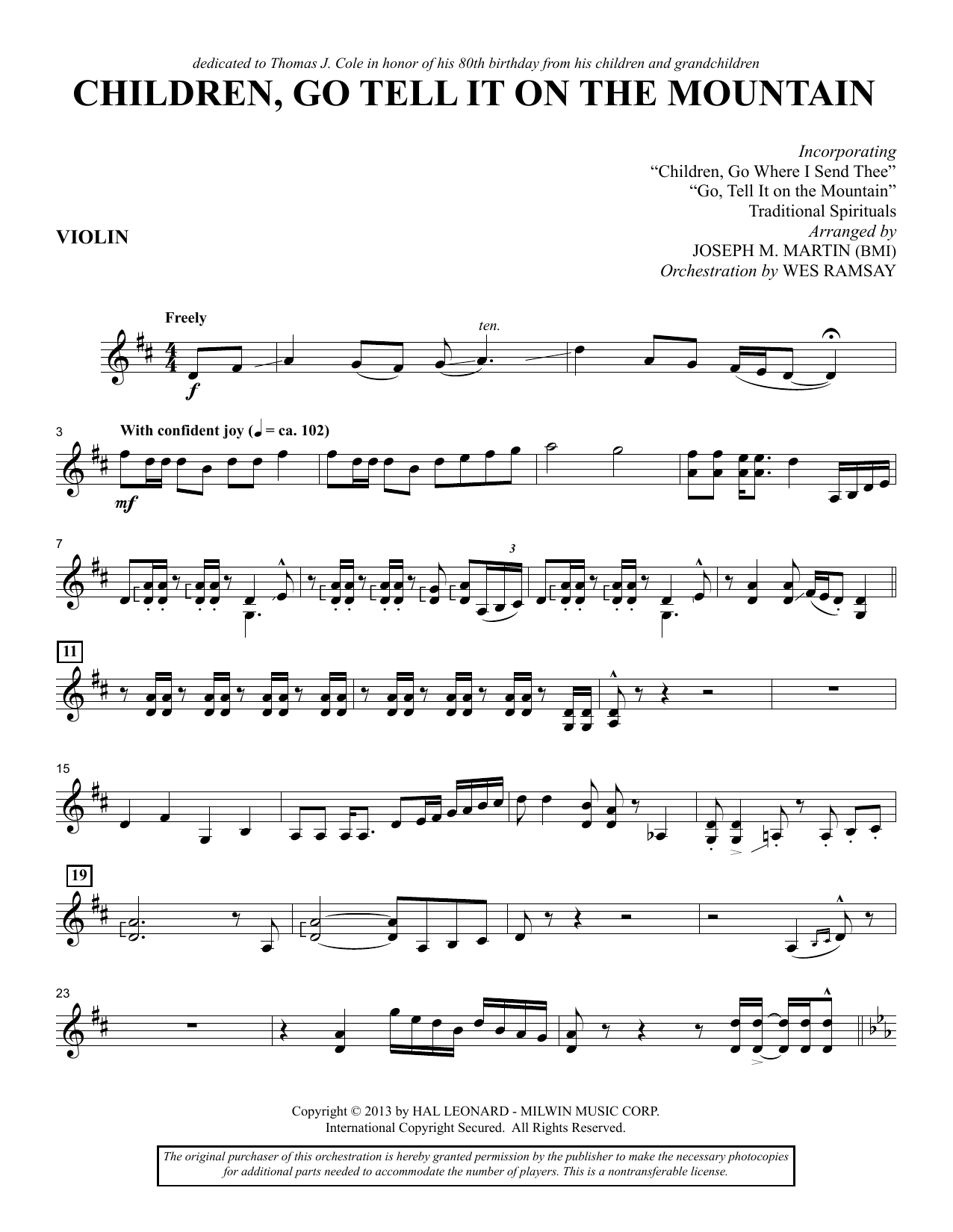 Download Joseph M. Martin Children, Go Tell It on the Mountain - Violin Sheet Music and learn how to play Choir Instrumental Pak PDF digital score in minutes