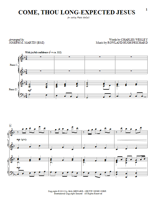 Download Joseph M. Martin Come, Thou Long-Expected Jesus Sheet Music and learn how to play Piano Duet PDF digital score in minutes