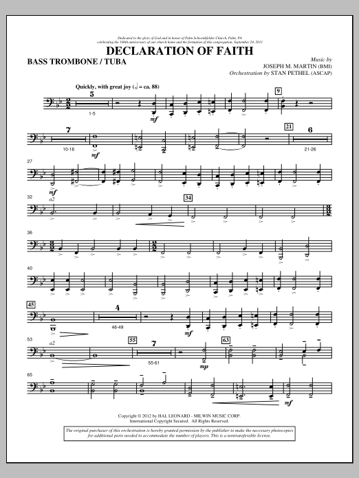 Download Joseph M. Martin Declaration Of Faith - Bass Trombone/Tuba Sheet Music and learn how to play Choir Instrumental Pak PDF digital score in minutes