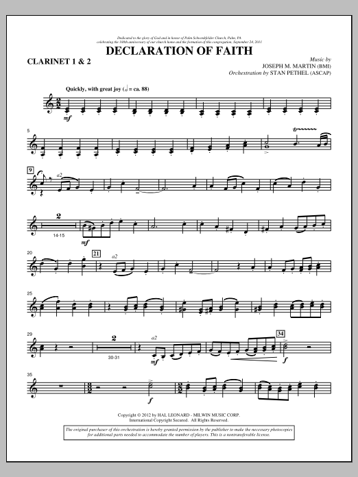 Download Joseph M. Martin Declaration Of Faith - Bb Clarinet 1,2 Sheet Music and learn how to play Choir Instrumental Pak PDF digital score in minutes