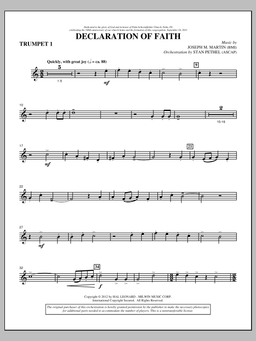 Download Joseph M. Martin Declaration Of Faith - Bb Trumpet 1 Sheet Music and learn how to play Choir Instrumental Pak PDF digital score in minutes