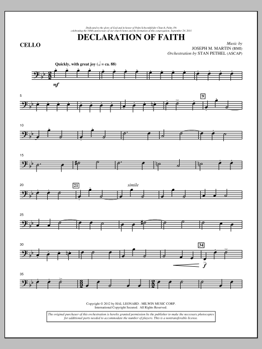 Download Joseph M. Martin Declaration Of Faith - Cello Sheet Music and learn how to play Choir Instrumental Pak PDF digital score in minutes