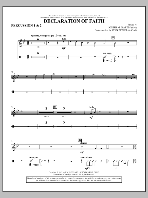 Download Joseph M. Martin Declaration Of Faith - Percussion 1 & 2 Sheet Music and learn how to play Choir Instrumental Pak PDF digital score in minutes