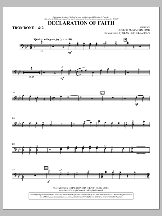 Download Joseph M. Martin Declaration Of Faith - Trombone 1 & 2 Sheet Music and learn how to play Choir Instrumental Pak PDF digital score in minutes