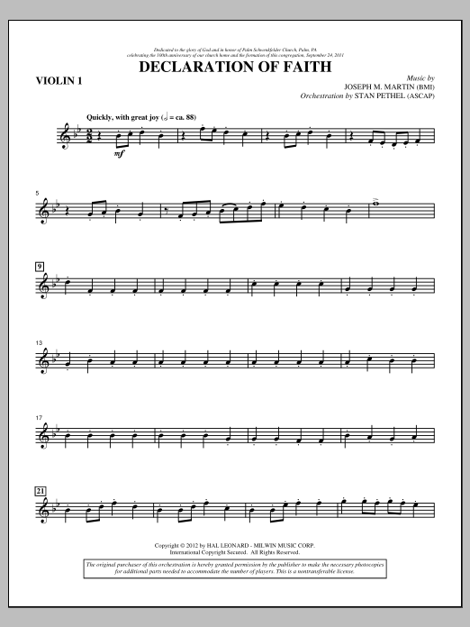 Download Joseph M. Martin Declaration Of Faith - Violin 1 Sheet Music and learn how to play Choir Instrumental Pak PDF digital score in minutes