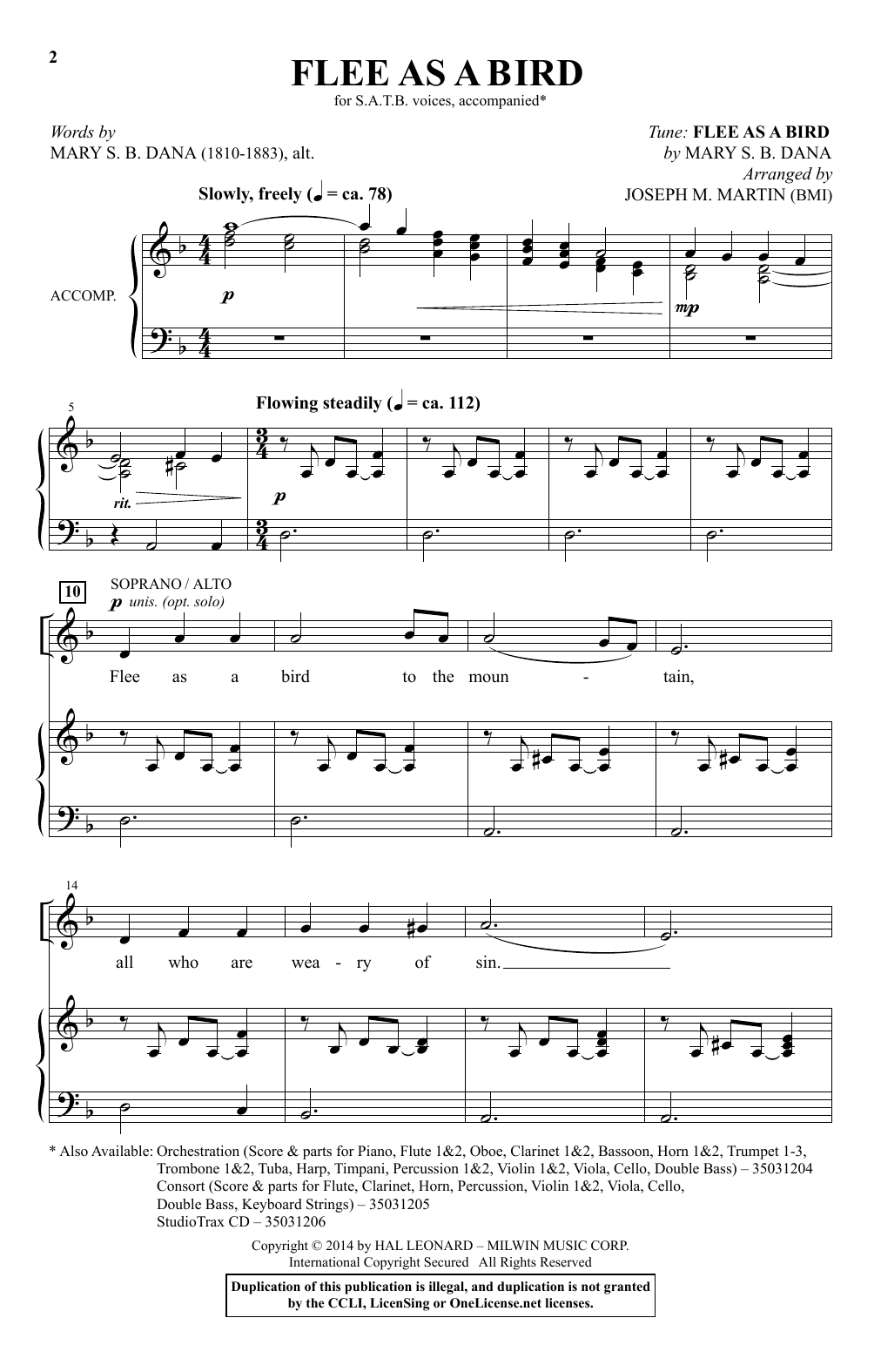 Download Mary S.B. Dana Flee As A Bird (arr. Joseph M. Martin) Sheet Music and learn how to play SATB PDF digital score in minutes