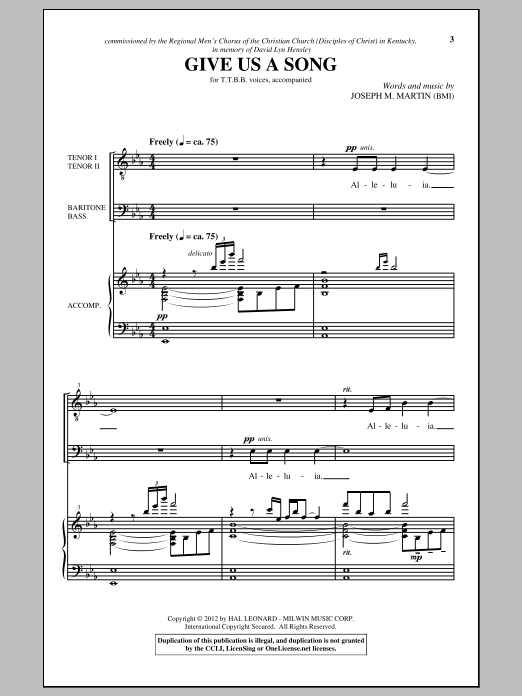 Download Joseph M. Martin Give Us A Song Sheet Music and learn how to play TTBB PDF digital score in minutes