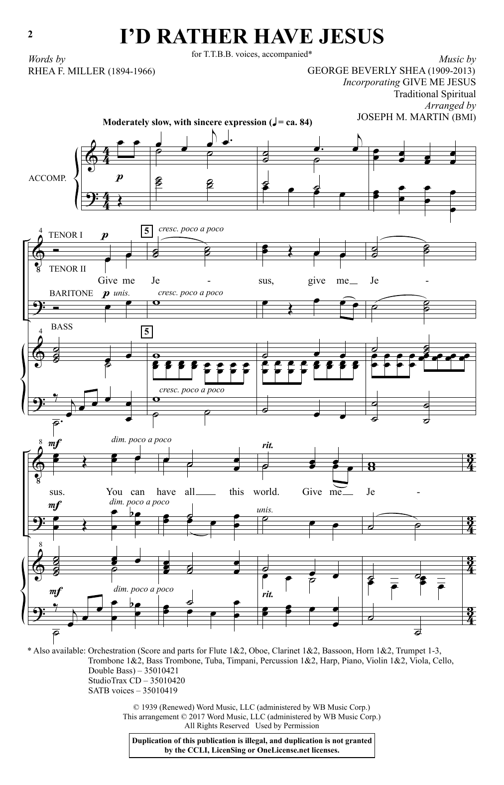 Download Joseph M. Martin I'd Rather Have Jesus Sheet Music and learn how to play TTBB PDF digital score in minutes
