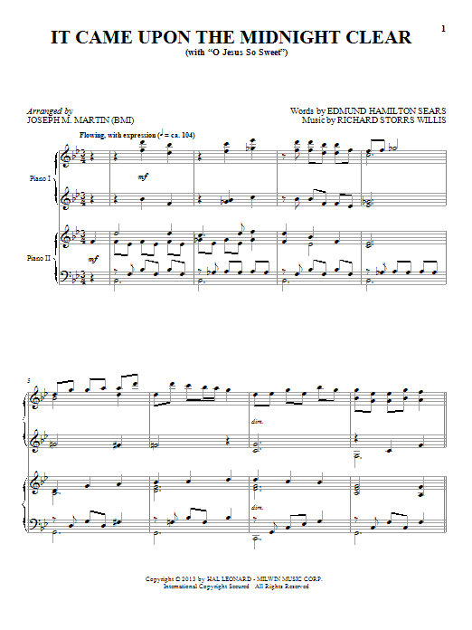 Download Joseph M. Martin It Came Upon The Midnight Clear Sheet Music and learn how to play Piano Duet PDF digital score in minutes