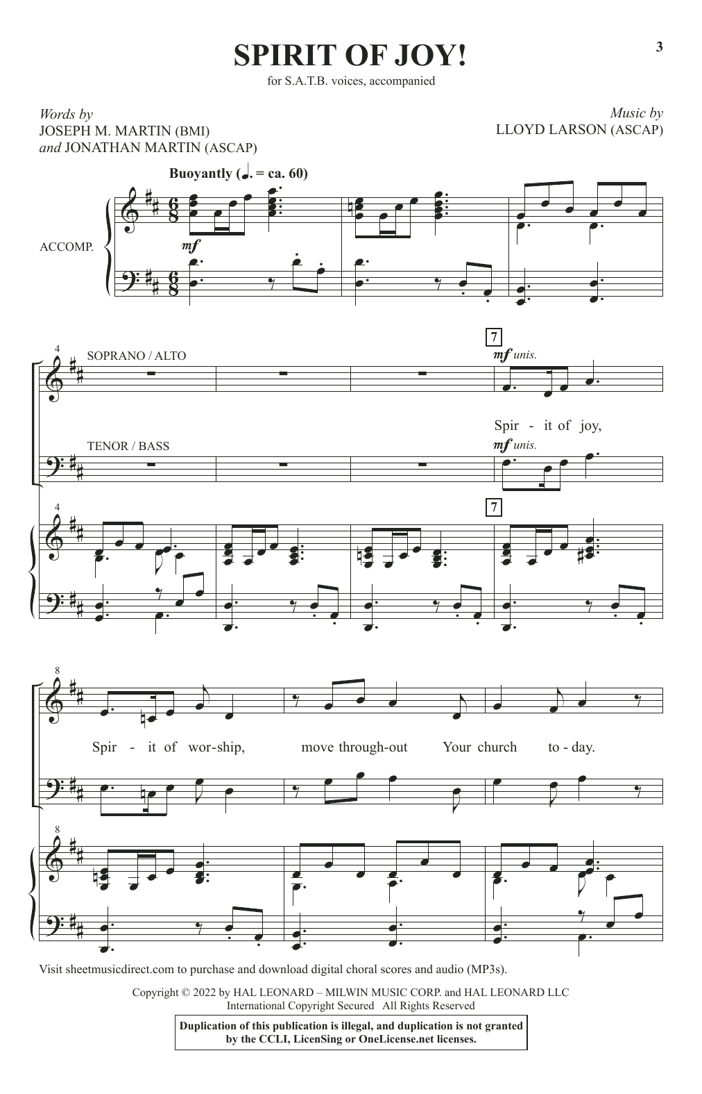 Download Joseph M. Martin, Jonathan Martin and Lloyd Larson Spirit Of Joy! Sheet Music and learn how to play SATB Choir PDF digital score in minutes