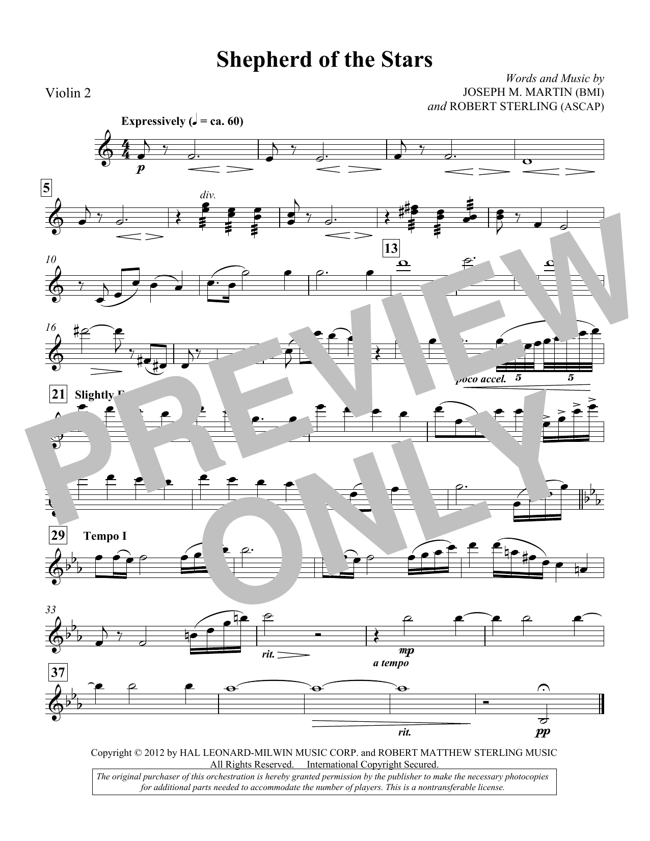 Download Joseph M. Martin Shepherd Of The Stars - Violin 2 Sheet Music and learn how to play Choir Instrumental Pak PDF digital score in minutes