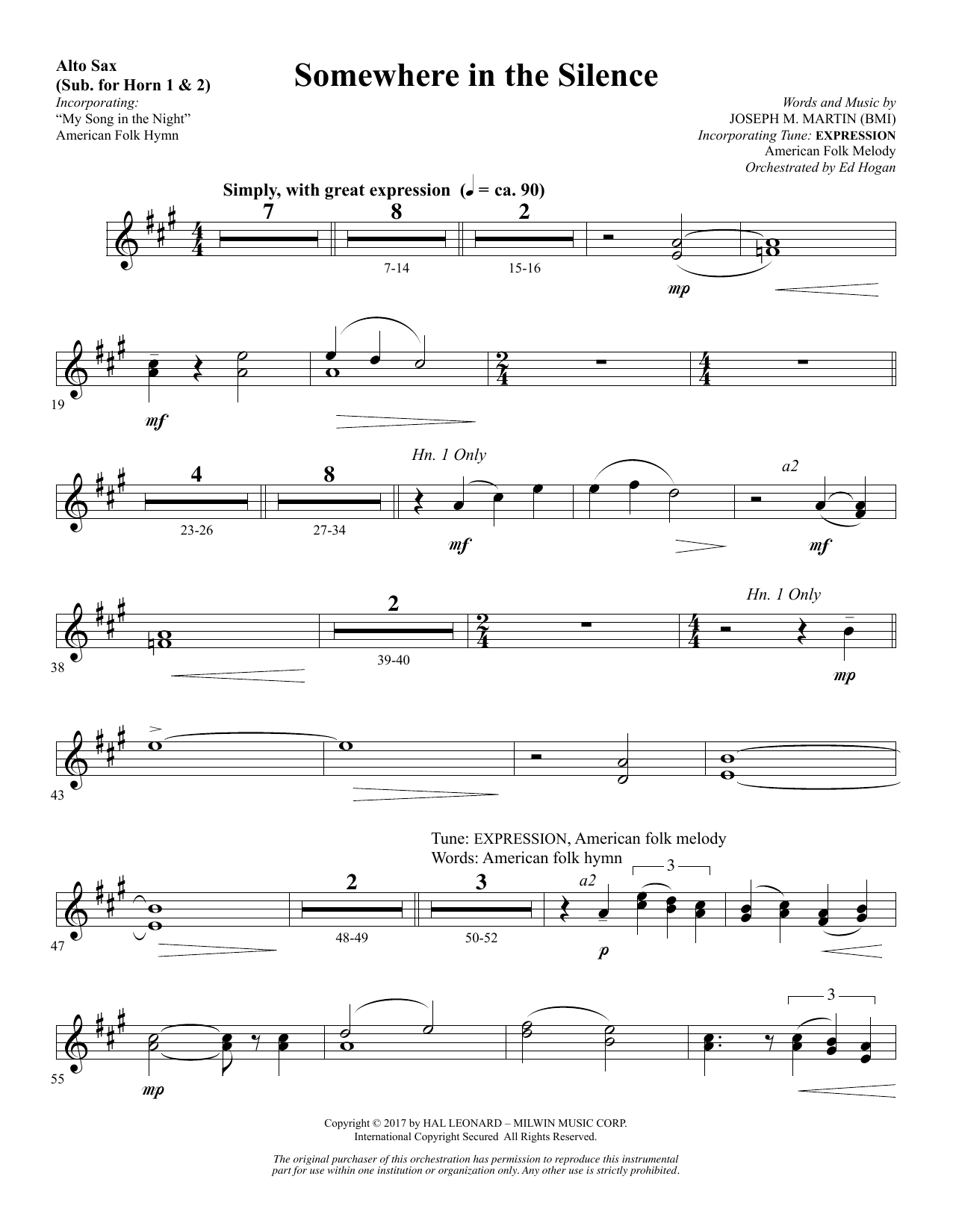 Download Joseph M. Martin Somewhere in the Silence - Alto Sax 1-2 (sub. Horn 1-2) Sheet Music and learn how to play Choir Instrumental Pak PDF digital score in minutes