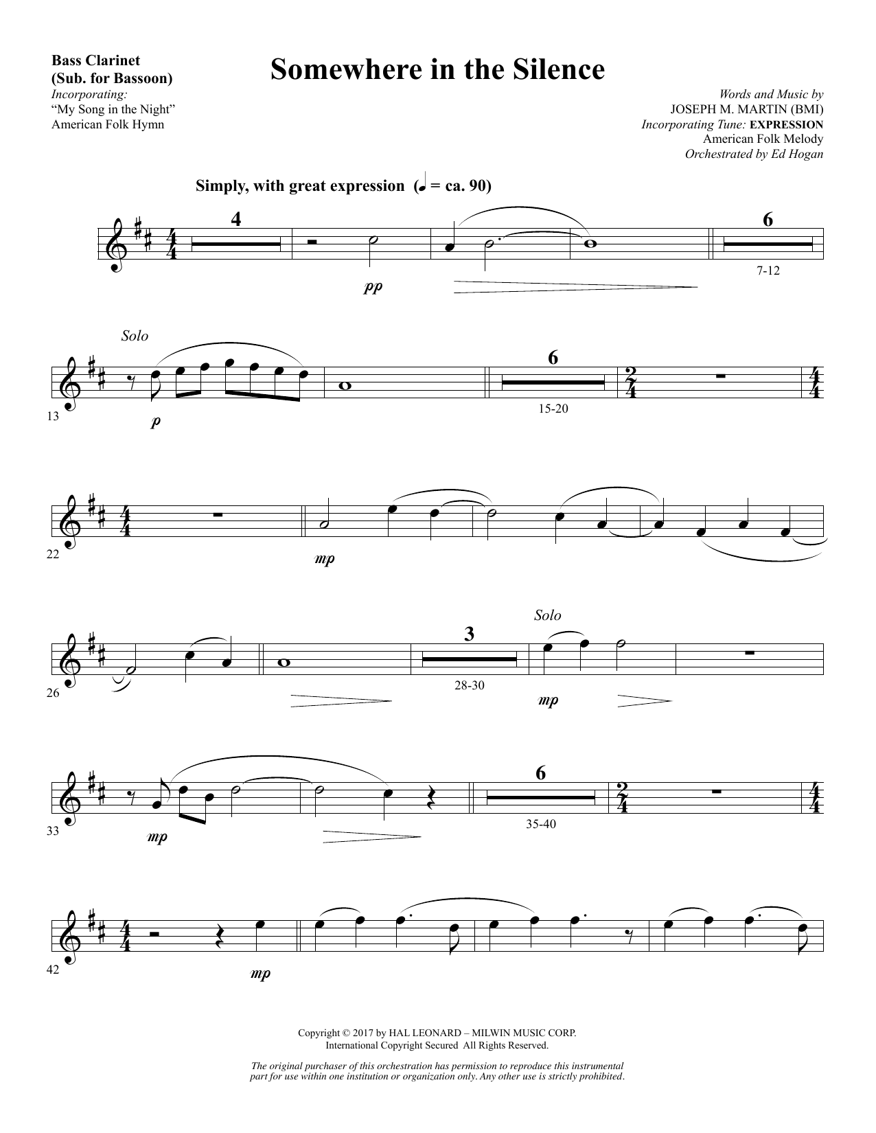 Download Joseph M. Martin Somewhere in the Silence - Bass Clarinet (sub. Bassoon) Sheet Music and learn how to play Choir Instrumental Pak PDF digital score in minutes