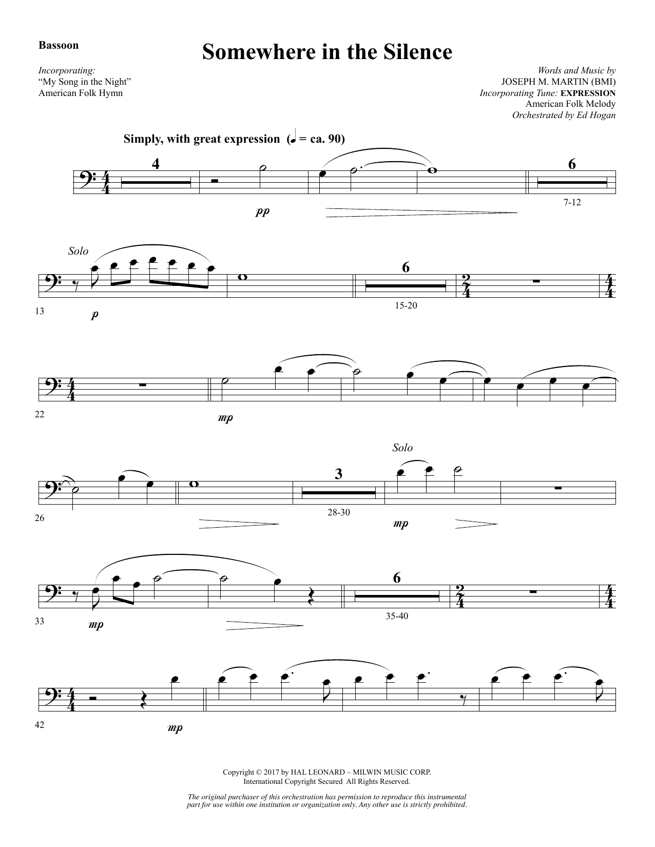 Download Joseph M. Martin Somewhere in the Silence - Bassoon Sheet Music and learn how to play Choir Instrumental Pak PDF digital score in minutes