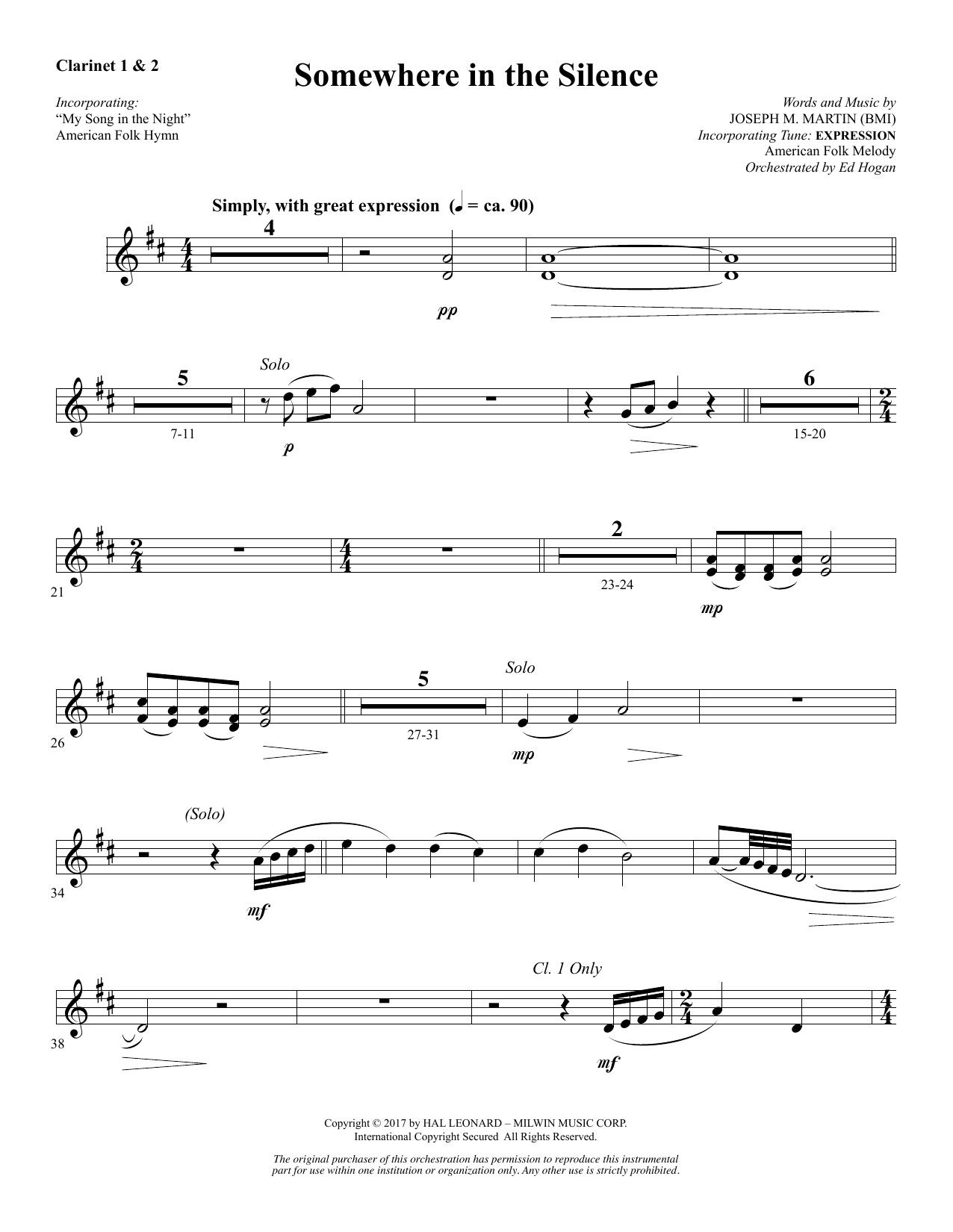 Download Joseph M. Martin Somewhere in the Silence - Bb Clarinet 1 & 2 Sheet Music and learn how to play Choir Instrumental Pak PDF digital score in minutes