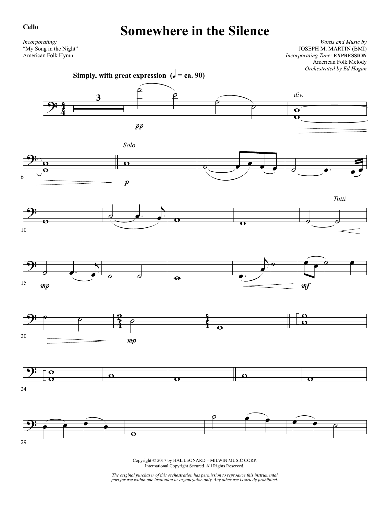 Download Joseph M. Martin Somewhere in the Silence - Cello Sheet Music and learn how to play Choir Instrumental Pak PDF digital score in minutes