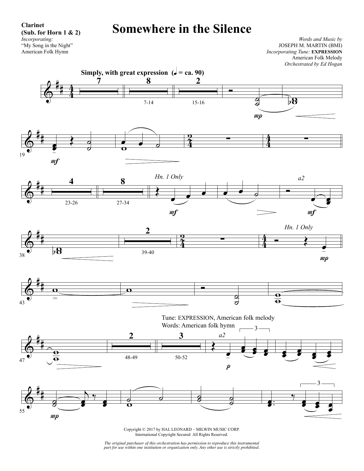 Download Joseph M. Martin Somewhere in the Silence - Clarinet (sub. Horn 1-2) Sheet Music and learn how to play Choir Instrumental Pak PDF digital score in minutes