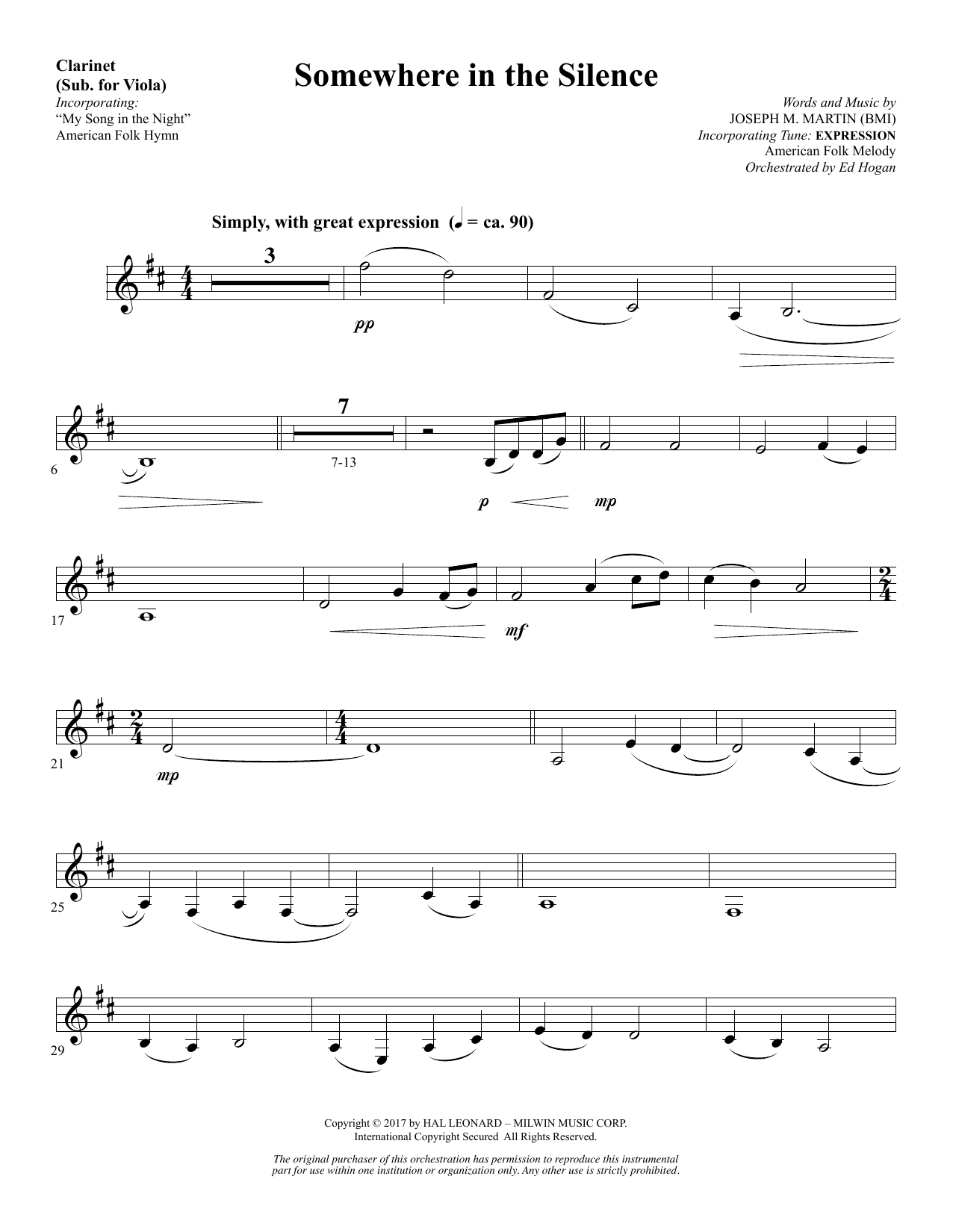 Download Joseph M. Martin Somewhere in the Silence - Clarinet (sub Viola) Sheet Music and learn how to play Choir Instrumental Pak PDF digital score in minutes