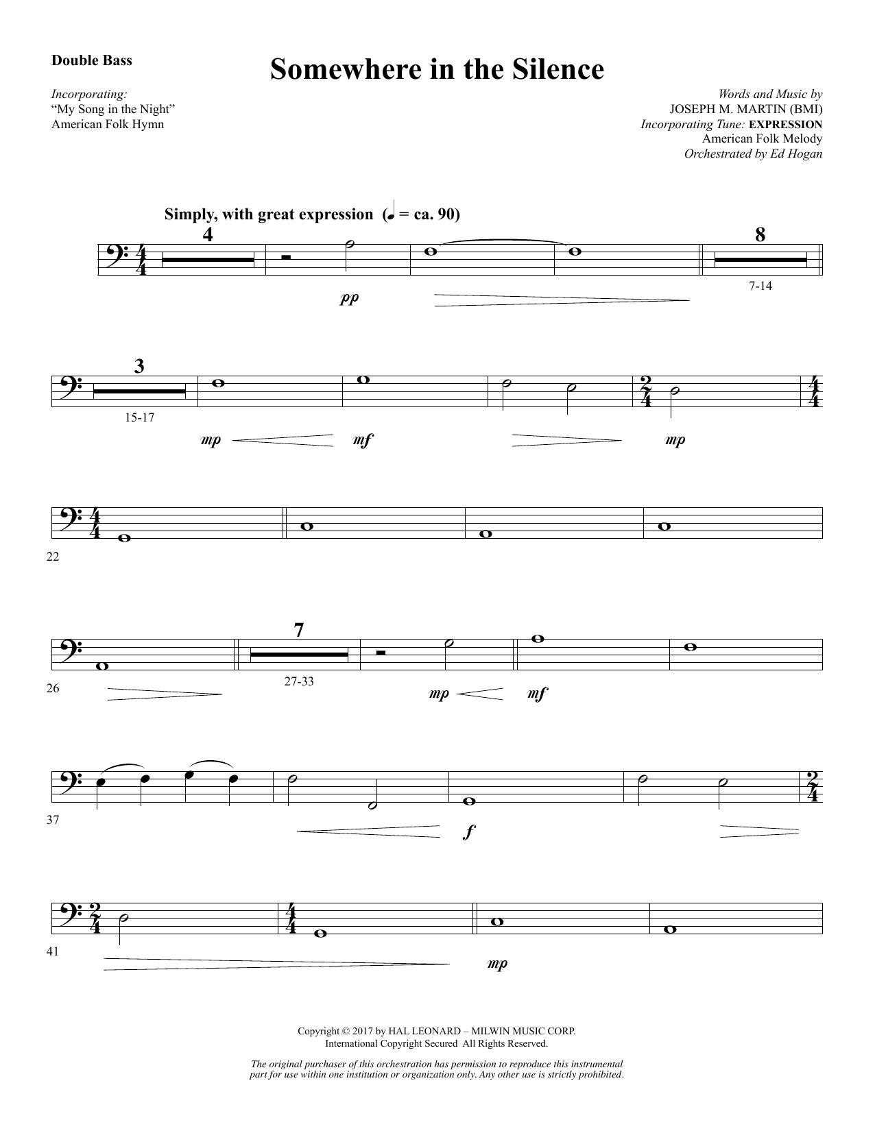Download Joseph M. Martin Somewhere in the Silence - Double Bass Sheet Music and learn how to play Choir Instrumental Pak PDF digital score in minutes